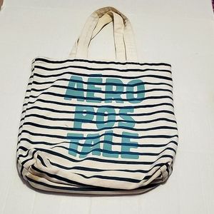 Aeropostale White Striped Graphic Large Beach Travel Canvas Tote Bag